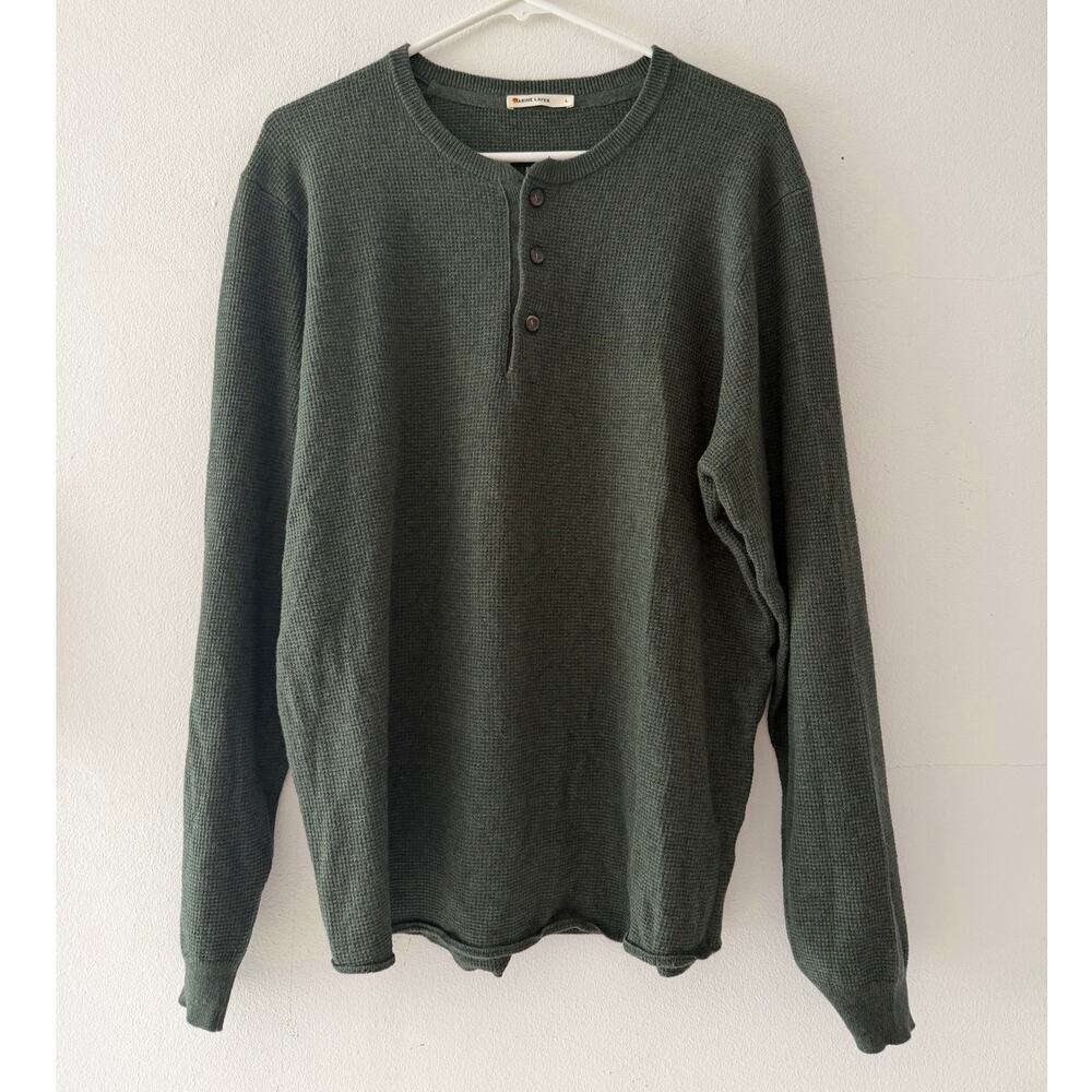 Marine Layer Thermal Henley Shirt Mens Large Green Waffle Knit Merino Wool Blend